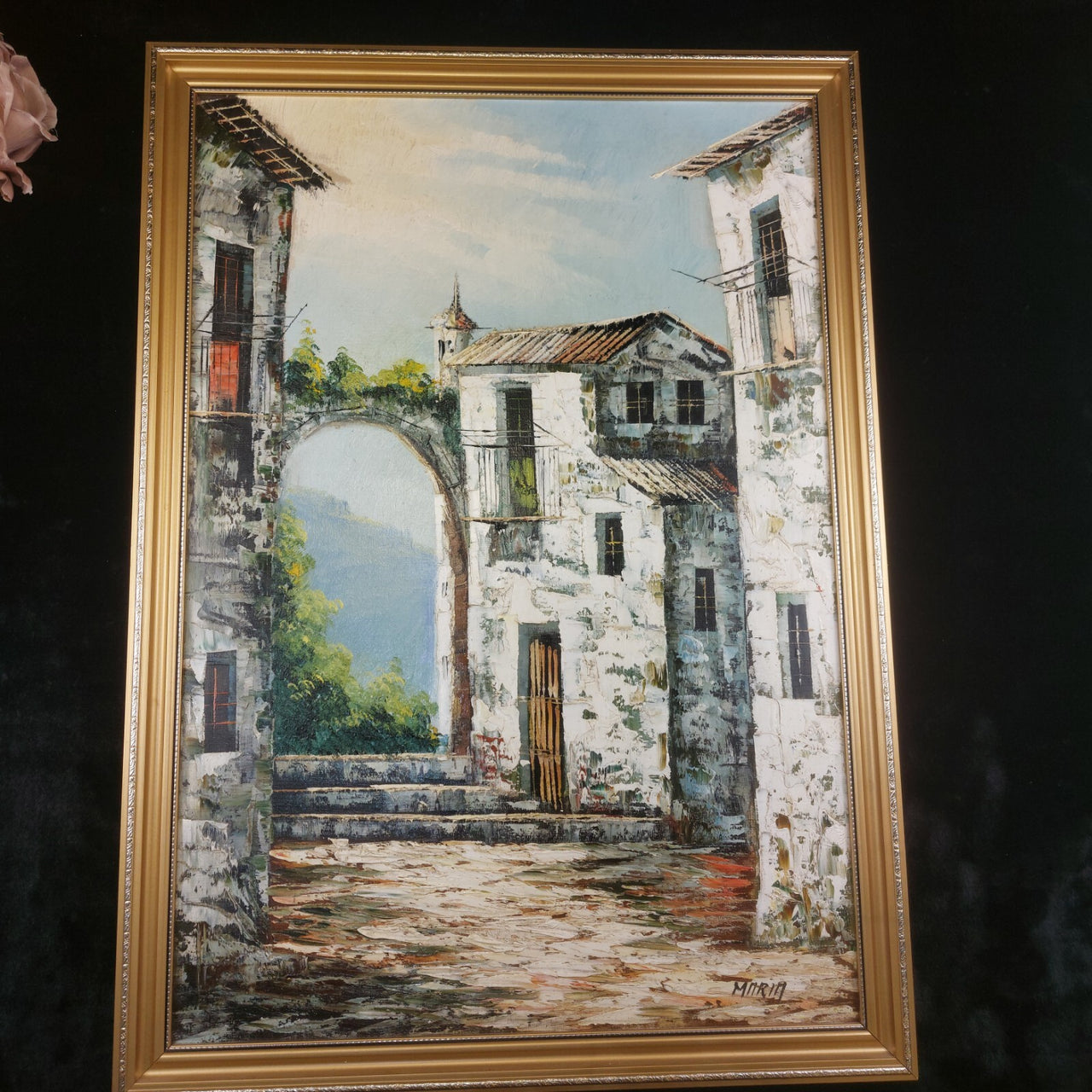 Vintage Framed Oil Painting Signed by Maria European Village Scene Gold Frame7