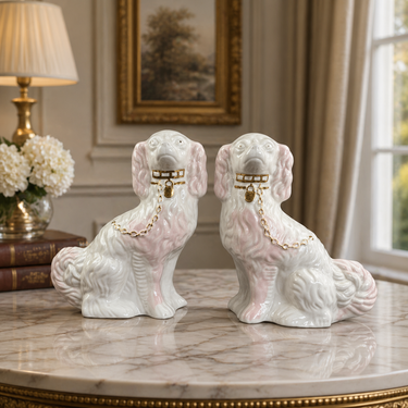 Antique Staffordshire Porcelain Pink and White Pair King Charles Spaniel Vintage1