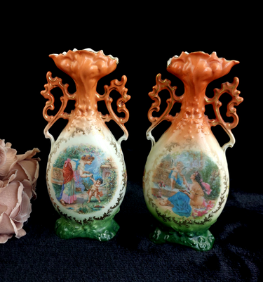 Victoria Austria 9in Porcelain Vase Pair – Handled Romantic Scene Antique Decor0