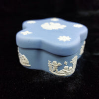 Thumbnail for Wedgwood Blue Jasperware Trinket Small Box Pentagon , Cherub Mot & Floral .3