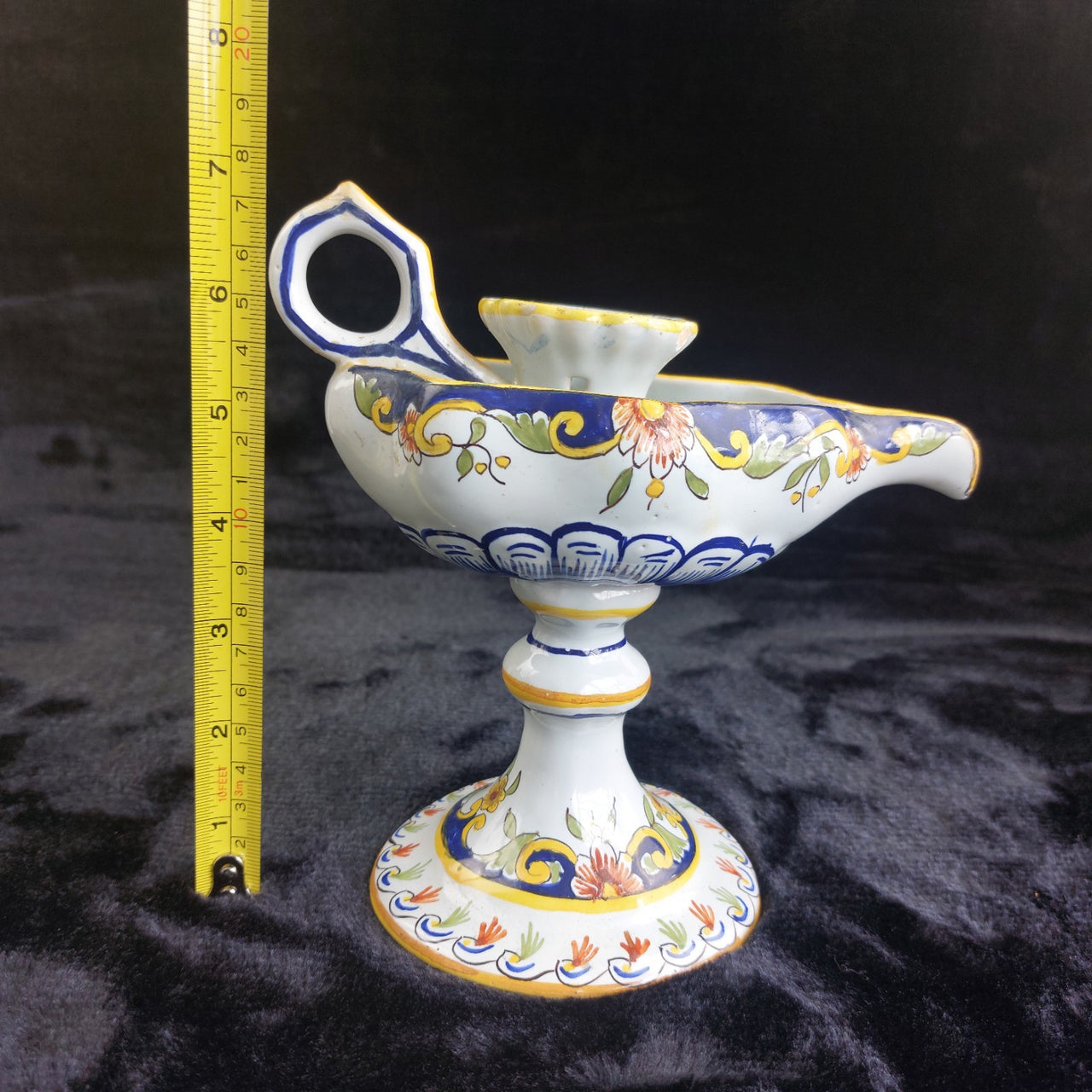 Antique Italian Faience Majolica Candle Holder Hand Painted Coat of Arms Floral11
