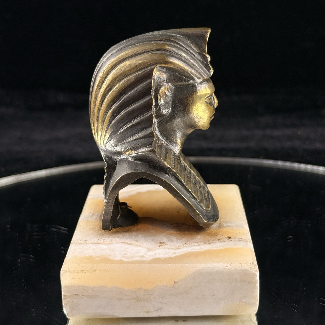 1920s Pharaoh Bronze Bust Tutankhamun on Marble Base Egypt Figurine Decor B4