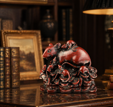 Chinese Red Resin Figurine Family of Mice & Coins Symbol of Prosperity Feng Rat 0