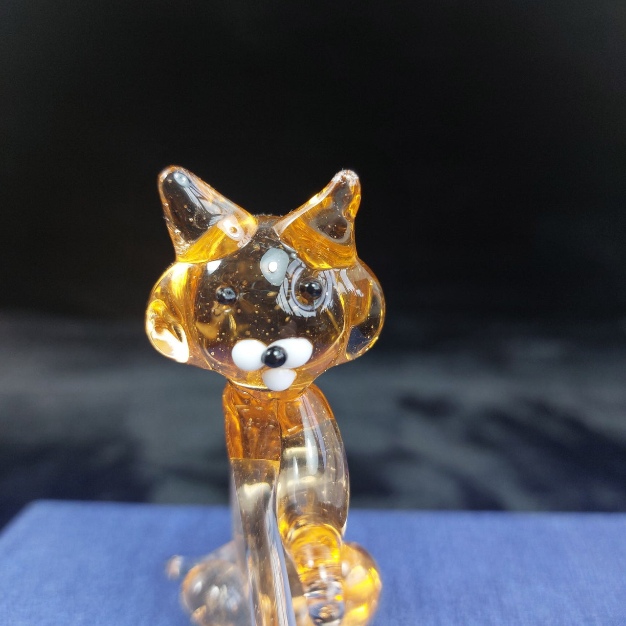 Handmade Glass Amber Cat Figurine Sitting Clear Legs 3" Animal Art Good w/ Box7
