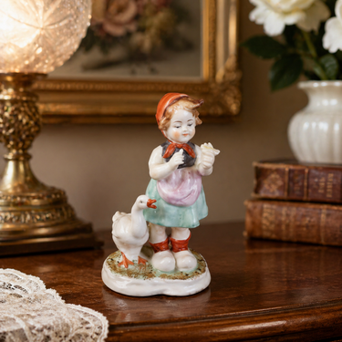 AK Kaiser Germany Figurine Porcelain Girl with Goose 16cm Hand Painted Small dec0