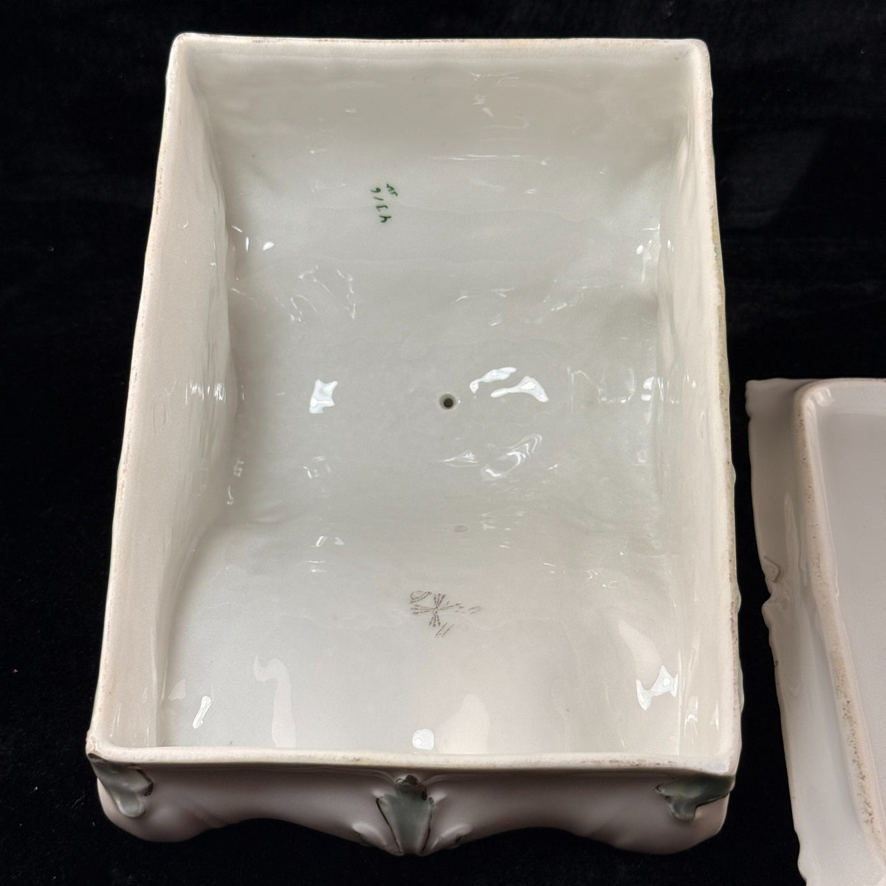 Antique Porcelain butter dish Tureen Art Nouveau Floral Green Gilt Handle 9"x8"16
