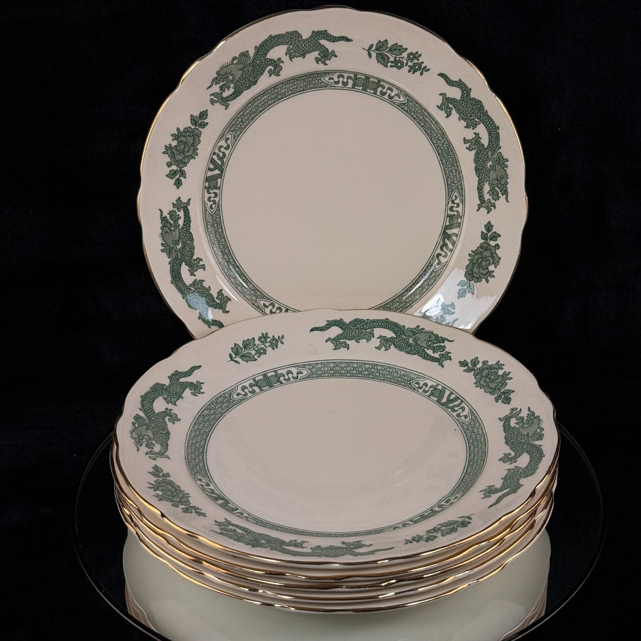 Royal Cauldon Antique Green Dragon Plates x6 England Ironstone c.1900s. 10.5" 7