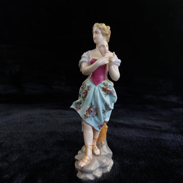 German Porcelain Lady Figurine Holding Mask Flowered Dress Antique Victorian0