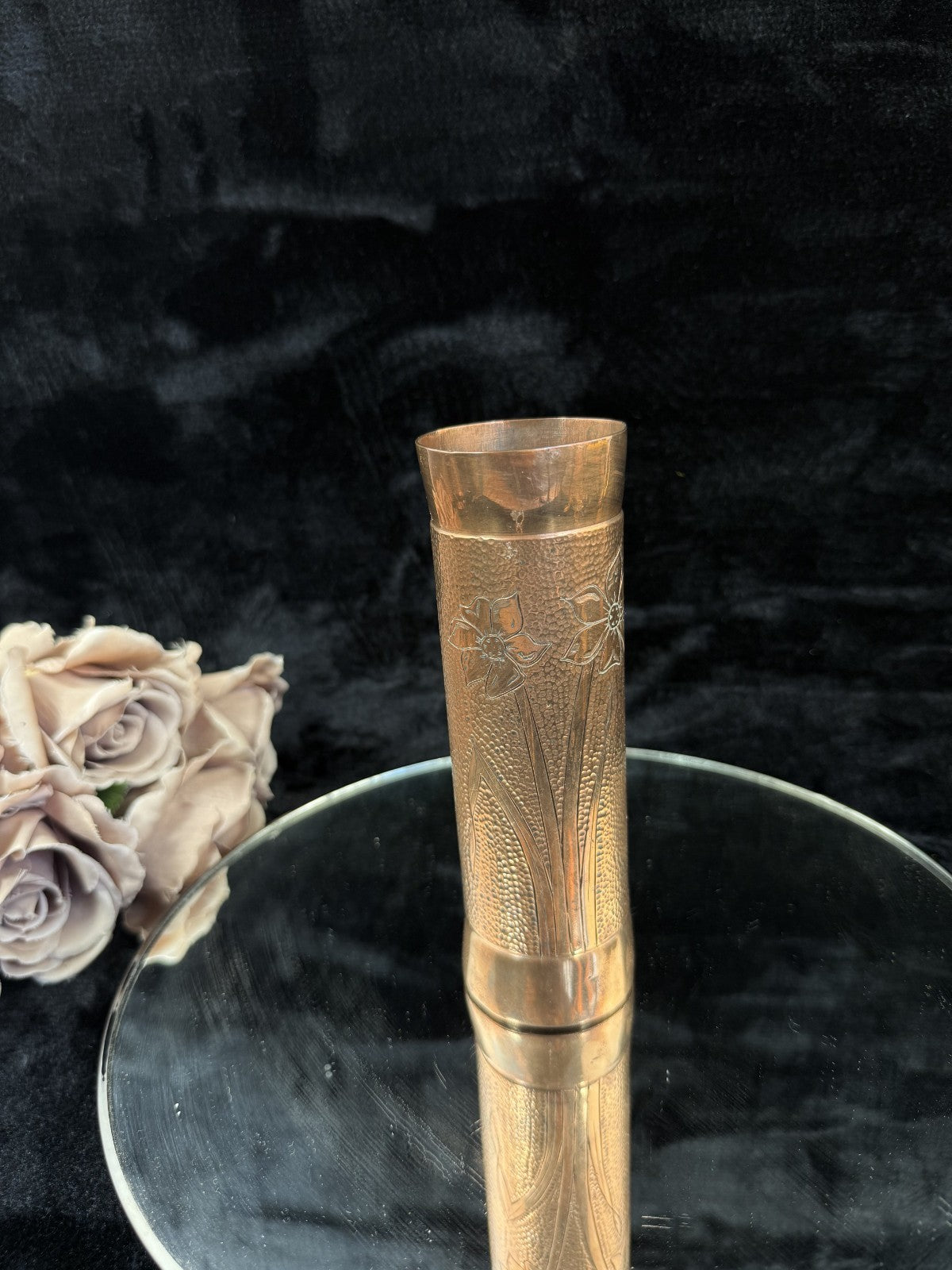 antique copper vase Arts and Crafts Period with Motifs Floral heavy Collectable14