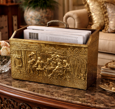 Brass Gold Magazine Rack Tavern Scene Handle Wood Back Vintage home decor vintag0