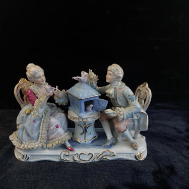 Dresden Style Porcelain Couple with Birds cage 9in –Worn Lace & Tip Damage Gilt1