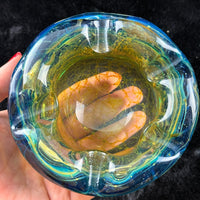 Thumbnail for Mdina Malta Art Glass Ashtray 80s Blue Yellow Swirl 13cm Heavy see the pics deco4
