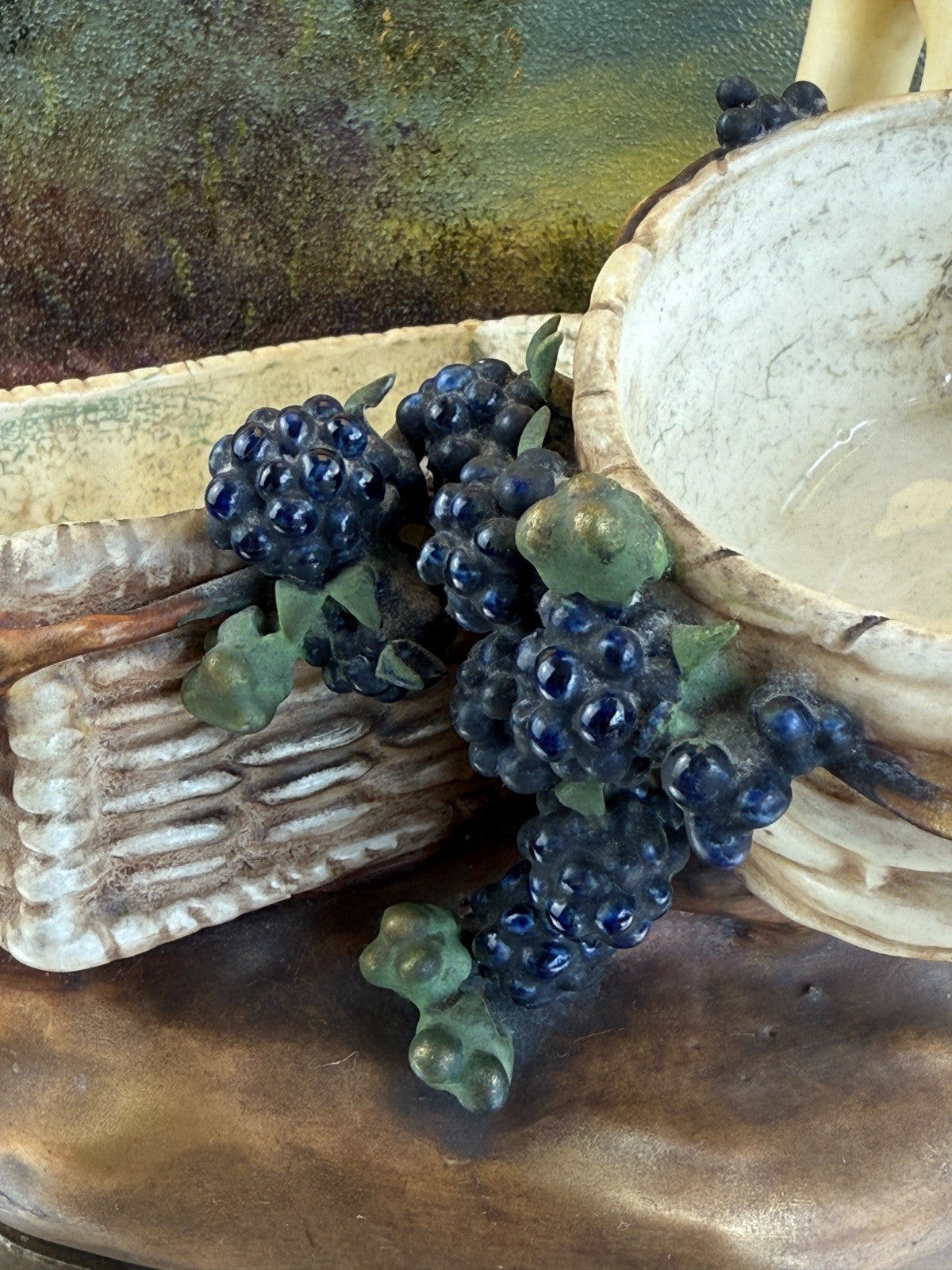 Antique Putti Planter Figurine with Wicker Baskets and Berries - Majolica Style5