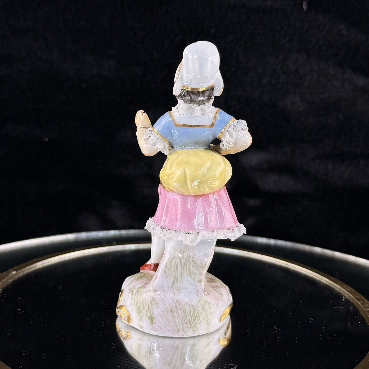 Antique German Dresden Figurine  Porcelain Woman Floral Dress Lace Trim Repaired5