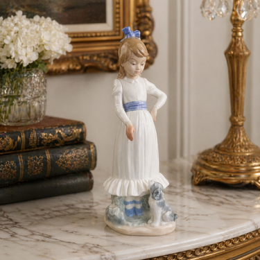 NAO by Lladro Girl with Dog Figurine Spain 1987 White Blue Dress 9.5