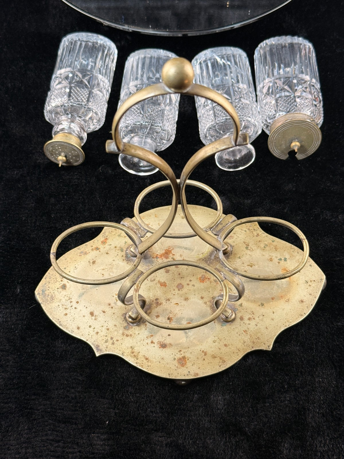 Antique Brass & Cut Glass Cruet Set Four Bottle Table Castor Stand Marked EPNS.12