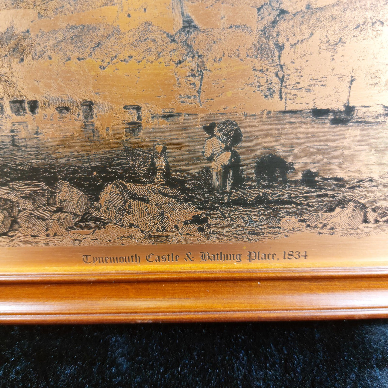 Copper Engraving Art Tynemouth Castle & Bathing Place7"x9.75" wood Framed 1834  2