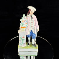 Thumbnail for 1800s antique Staffordshire Figurine Man Pink Jacket Floral Column repaired14