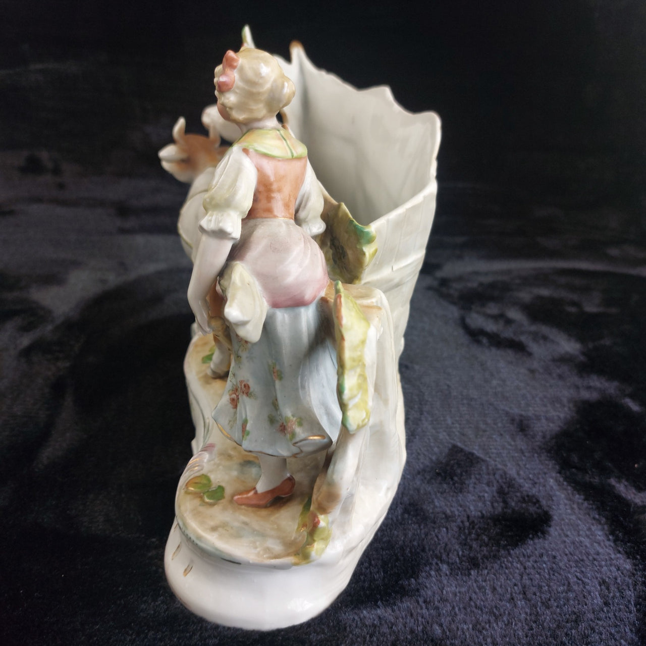 German Antique Porcelain Girl Oxen Cart Planter – Hand Painted 7"x10" 1261g14