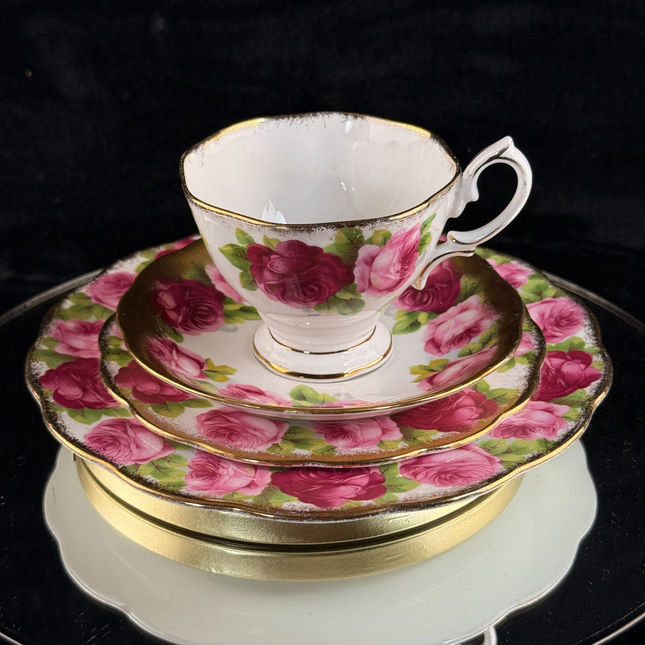 Pink Royal Albert Old English Rose Trio x2 & Serving Plate Bone China England2
