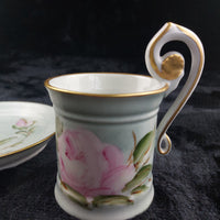 Thumbnail for Capodimonte Hand Painted Cup Italy & Plate Set Pink Rose Gold Rim Floral Sallin/3