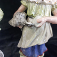 Thumbnail for Antique Porcelain Boy & Girl Figurines Pair Poultry Chicken Farmyard 10.5