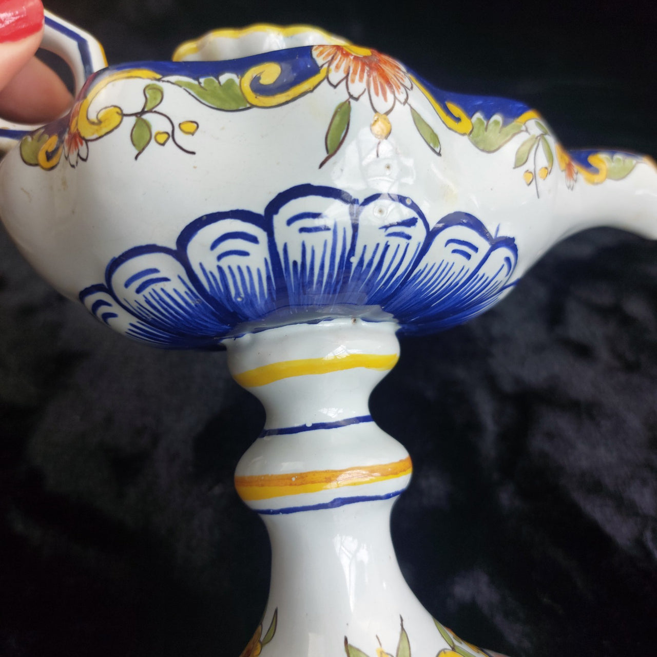 Antique Italian Faience Majolica Candle Holder Hand Painted Coat of Arms Floral5