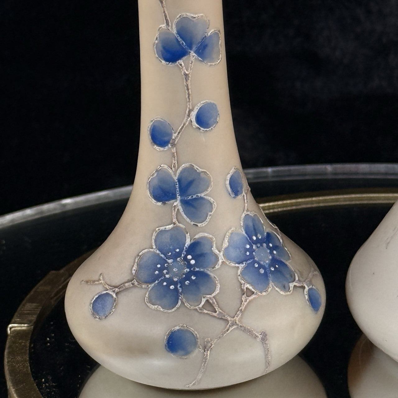 Vintageantique Hand Painted Milk Glass Bud Vase pair Floral Motif Blue Enamel1