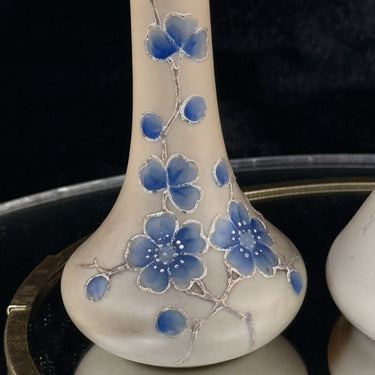 Vintageantique Hand Painted Milk Glass Bud Vase pair Floral Motif Blue Enamel1