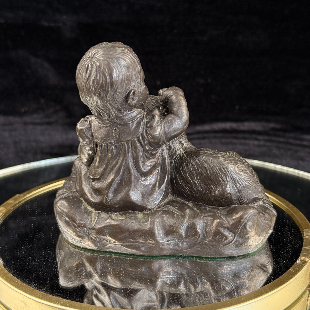 Vintage Bronze signed Baby with Dog Sculpture – 4.5" Wide 4" Tall Figurine gift5