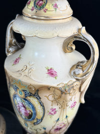 Thumbnail for Antique English Alton Ware Urns Set Hand Painted Roses Gilded Porcelain Vase Set5