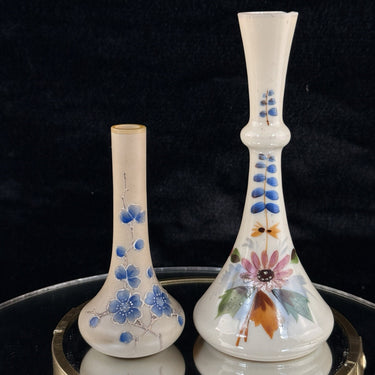 Vintage-antique vase set Milk Glass Bud Vase pair Floral Motif Blue Enamel decor1