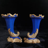 Thumbnail for Victorian Antique Blue Porcelain Vases/ ornoments Gold Gilt Leaf Design  Pair 5