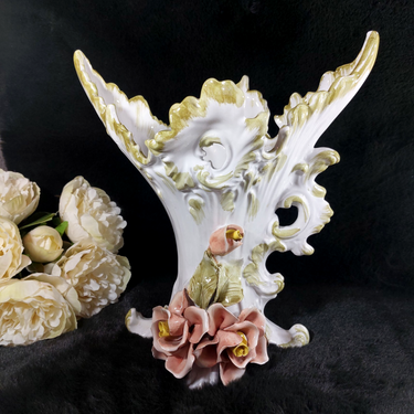 Francesco Capodimonte Italian Porcelain Italy Vase – Rococo Floral & Bird Design0