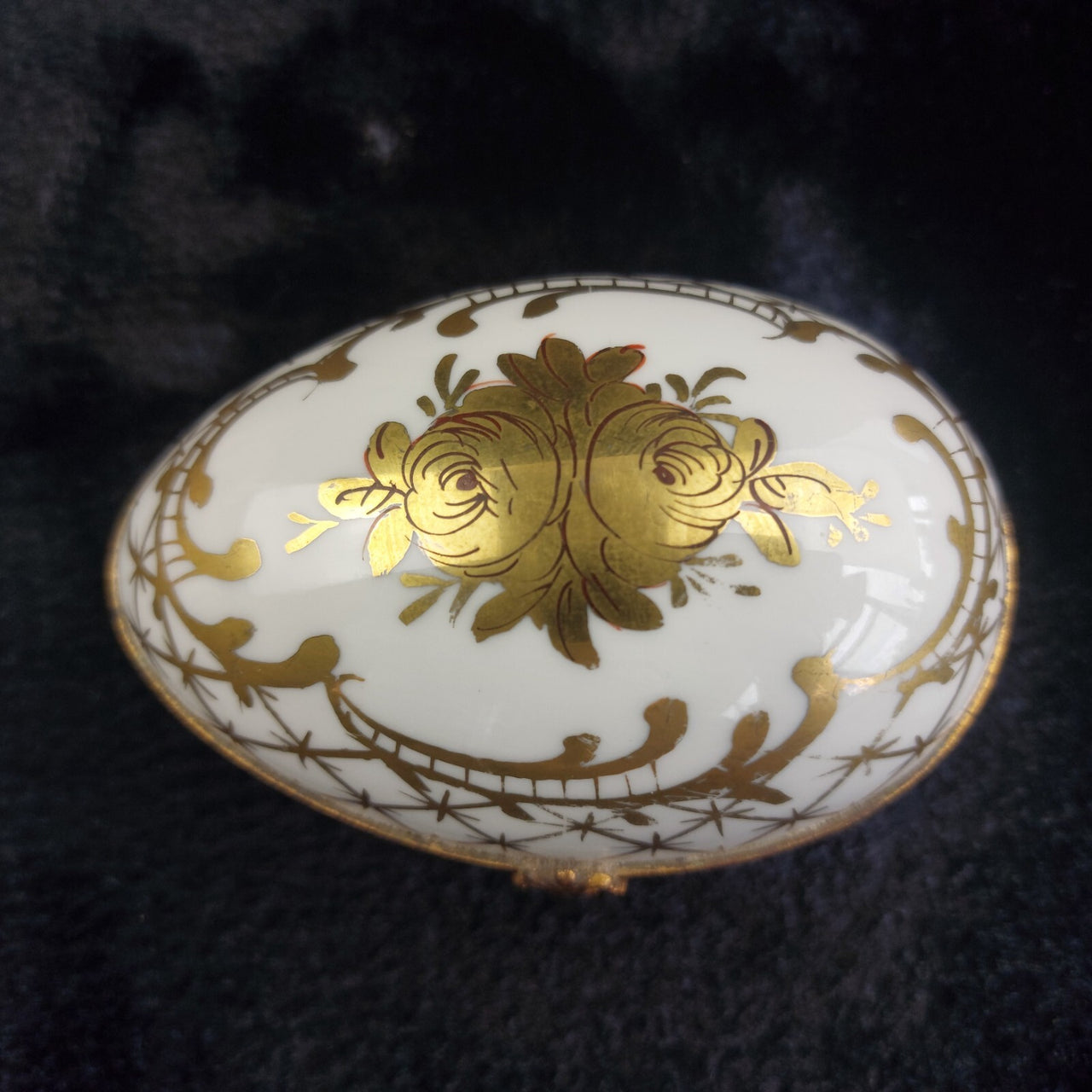 Porcelaine de France Gold Floral Egg Trinket Box Decor 4" Peint Main Hinged Vtg4