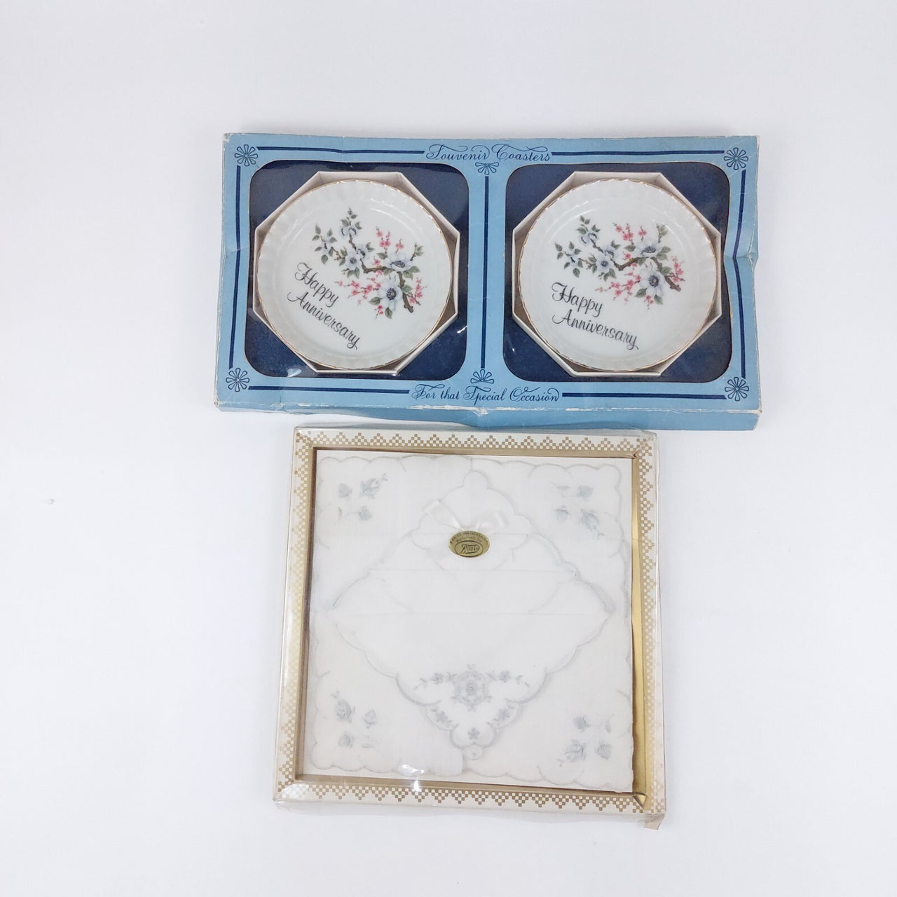 Swiss Coasters Handkerchiefs porcelain anniversary Set gift AJL Stoke-onTrent1