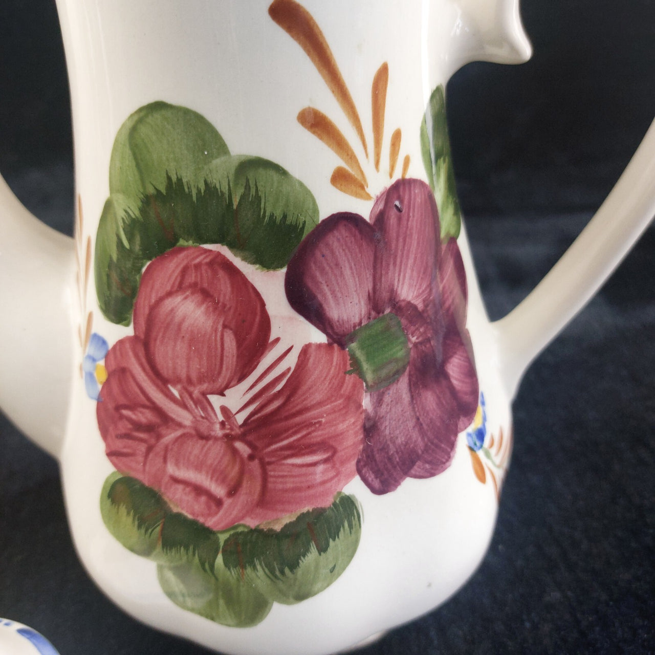 Simpsons Belle Fiore Coffee Pot 8 in Handpainted Ironstone Damage Worn Tea Pot.14
