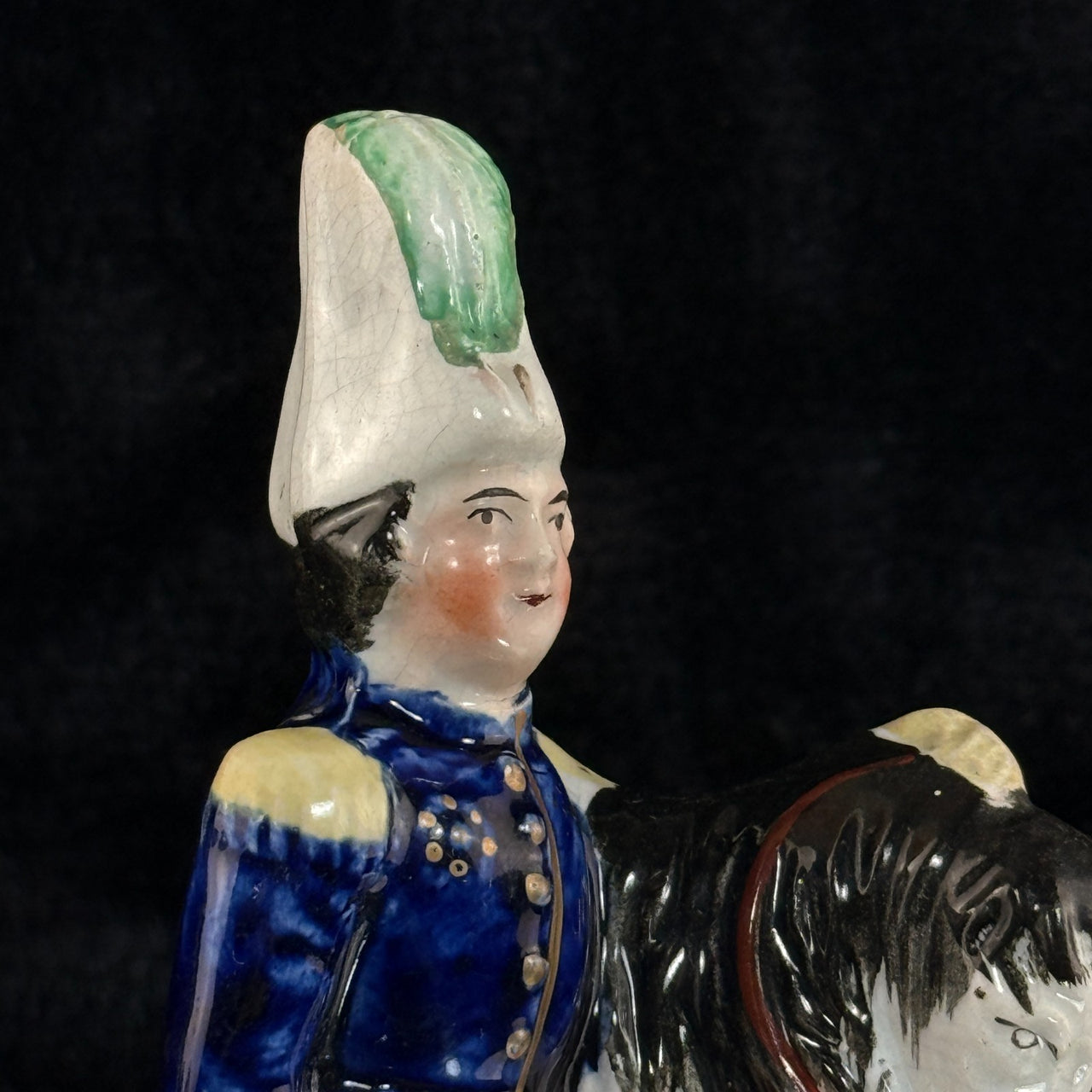 1800s antique Staffordshire Soldier on Horse Pottery Figurine Hand Painted 8"3