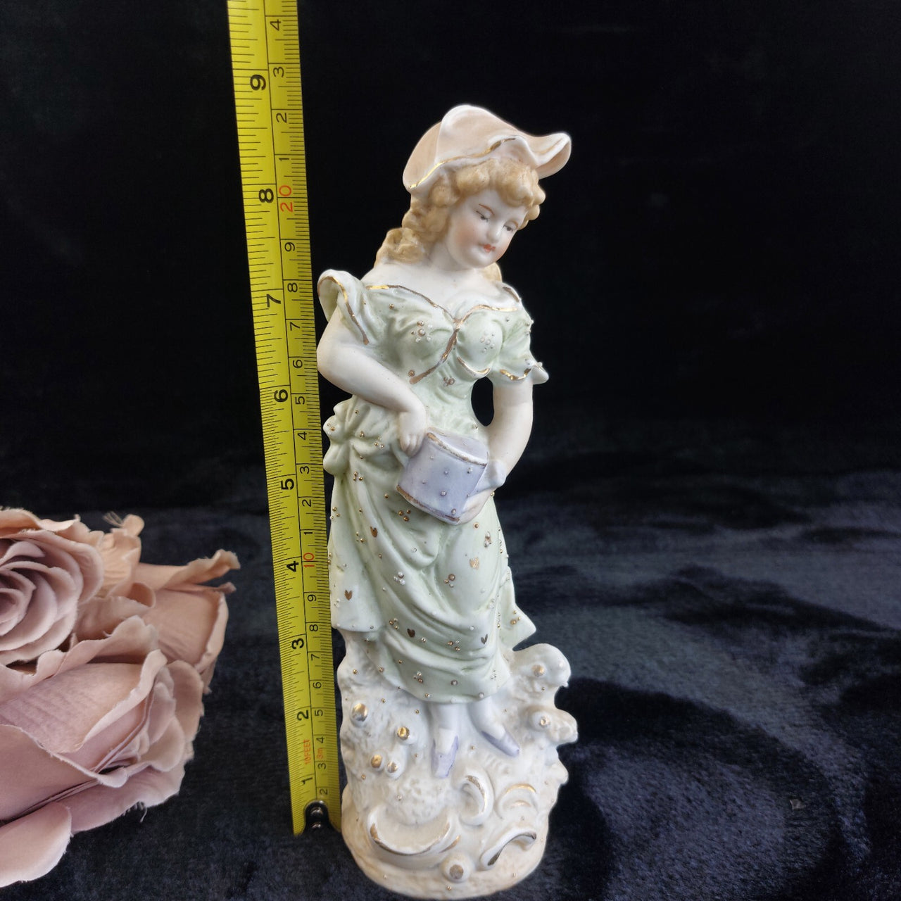 German 9in Bisque Figurine Girl Watering Can Antique Hand Painted Gilt Accents1