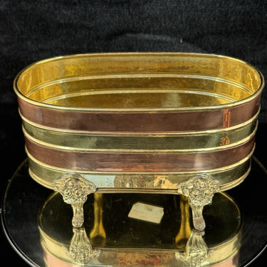 Vintage Brass & Copper Planter Jardiniere 9.5” Footed Oval Hammered Floral deco0