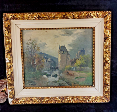 19th Century L. Henry Oil painting Castle Study 44×36cm See Gold Frame Antique.1
