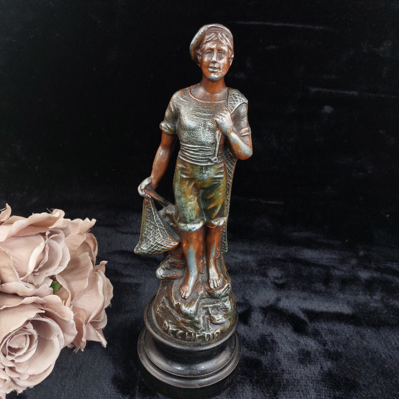 Vintage Pecheuse Pecheur Fisherman & woman Statues Pair Patina Bronze Look14