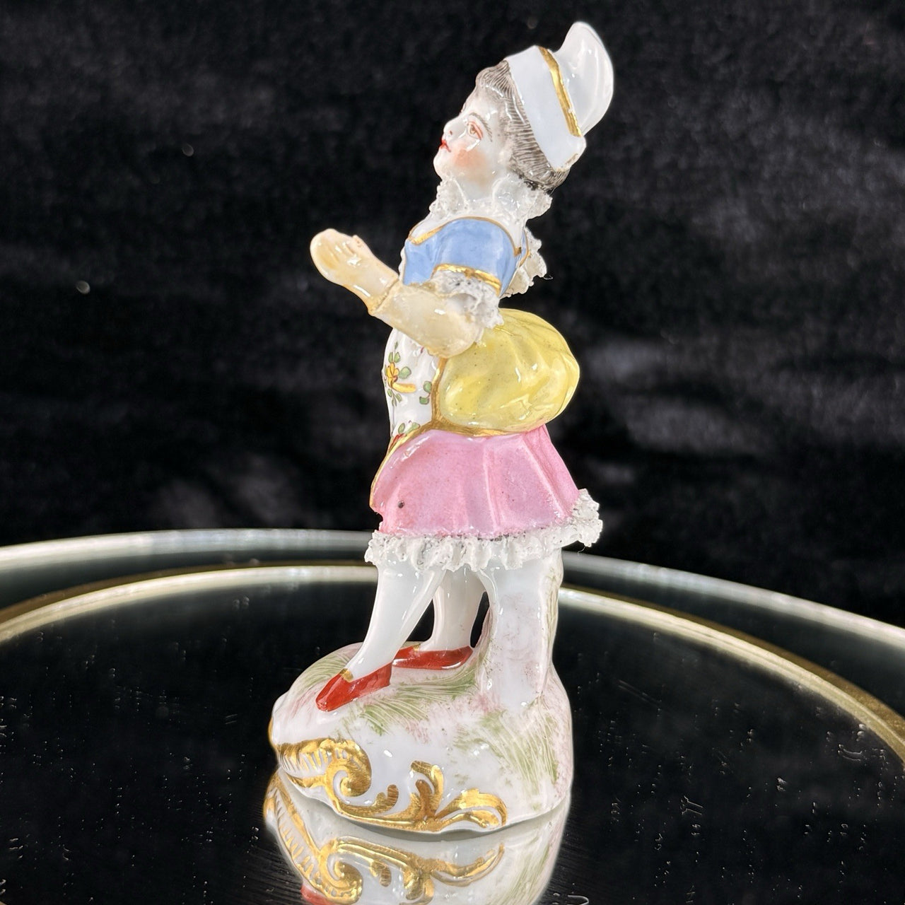 Antique German Dresden Figurine  Porcelain Woman Floral Dress Lace Trim Repaired7
