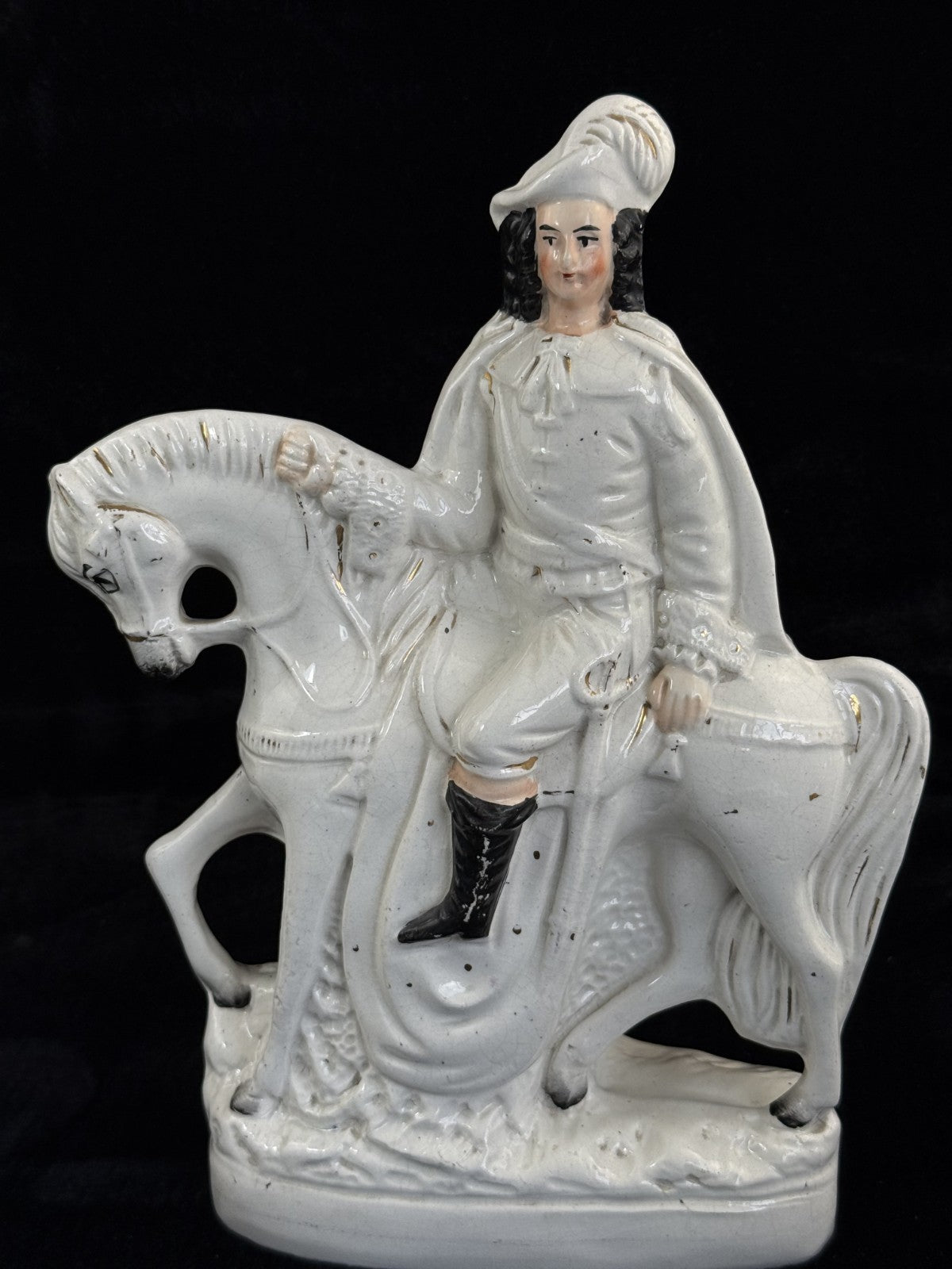 Antique Porcelain Staffordshire Cavalier- Horse Figurine Pair decor see one head3
