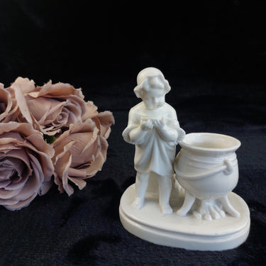 Antique Porcelain Figurine 5.5 in Boy with Barrel Inkwell Holder White Glaz0