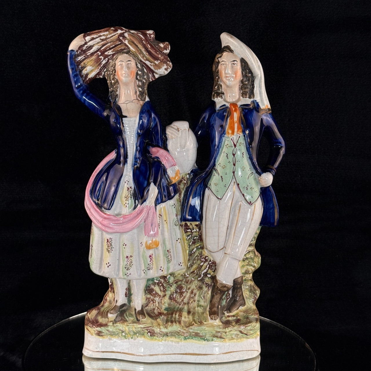 19th Century antique Staffordshire Pottery Large Figure Couple Flatback repaired0