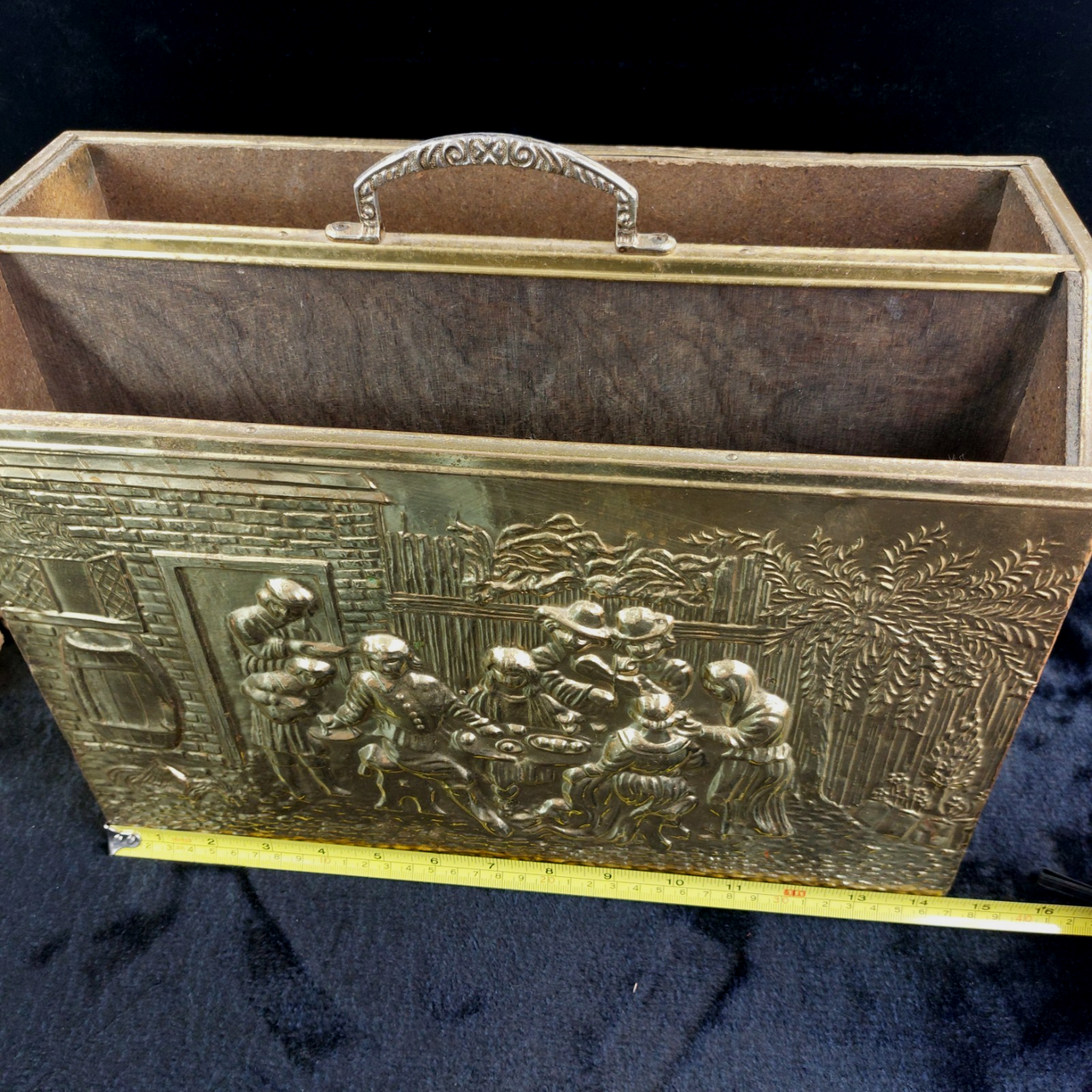 Gold Brass Magazine Rack Tavern Scene Handle Wood Back  Vintage  12