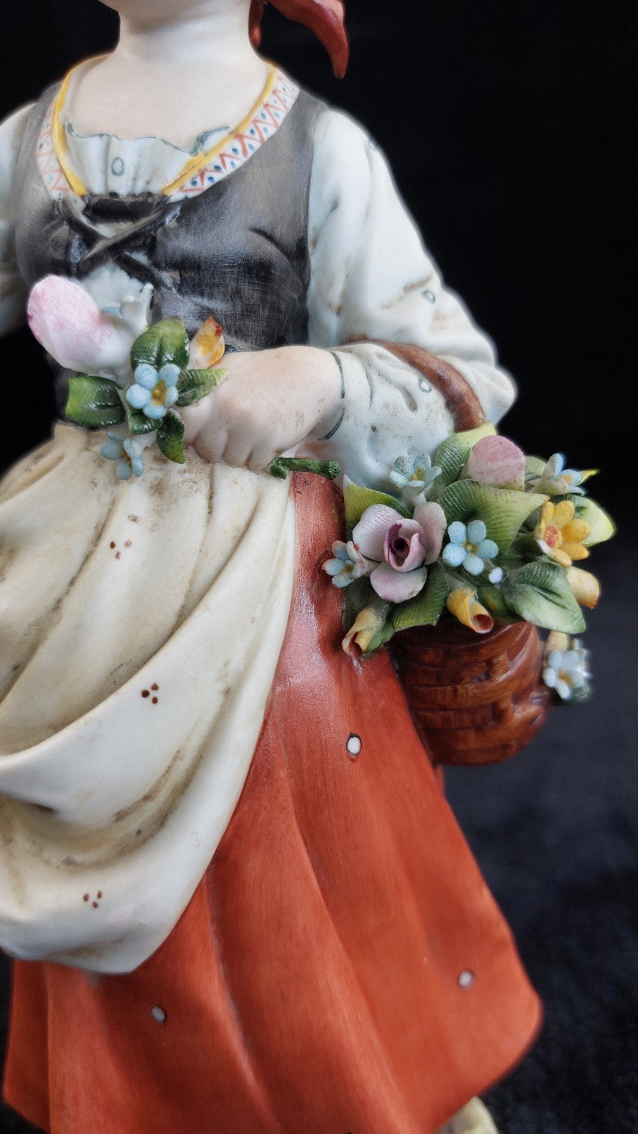 Capodimonte 10" Irene Figurine Tuzzi Lady Flowers 10"Basket Porcelain chipped3