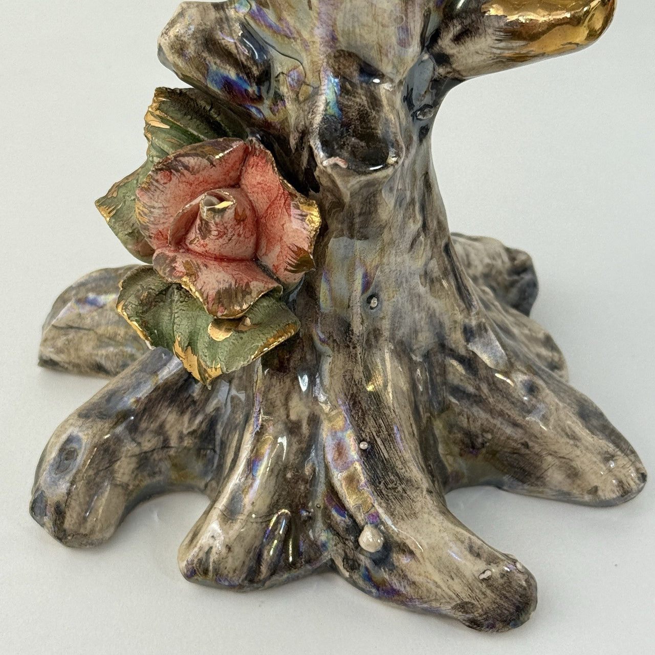 Ceramic Bird Pair Figurine Tree Truck Iridescent Roses Good Trim See Pics Decor4