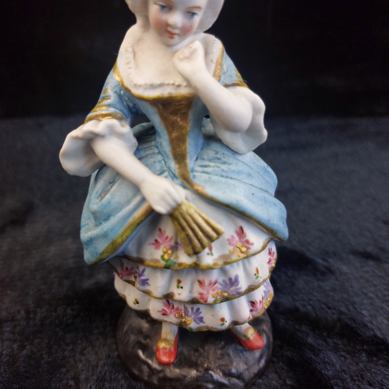 Antique victorian Porcelain Lady Figurine 5" Blue Dress Fan Flowers Germany deco7